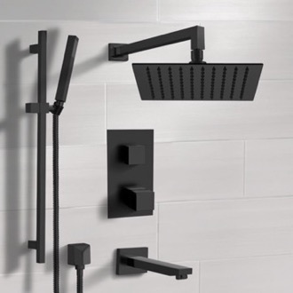 Tub and Shower Faucet Matte Black Thermostatic Tub and Shower Faucet with Rain Shower Head and Hand Shower Remer TSR34